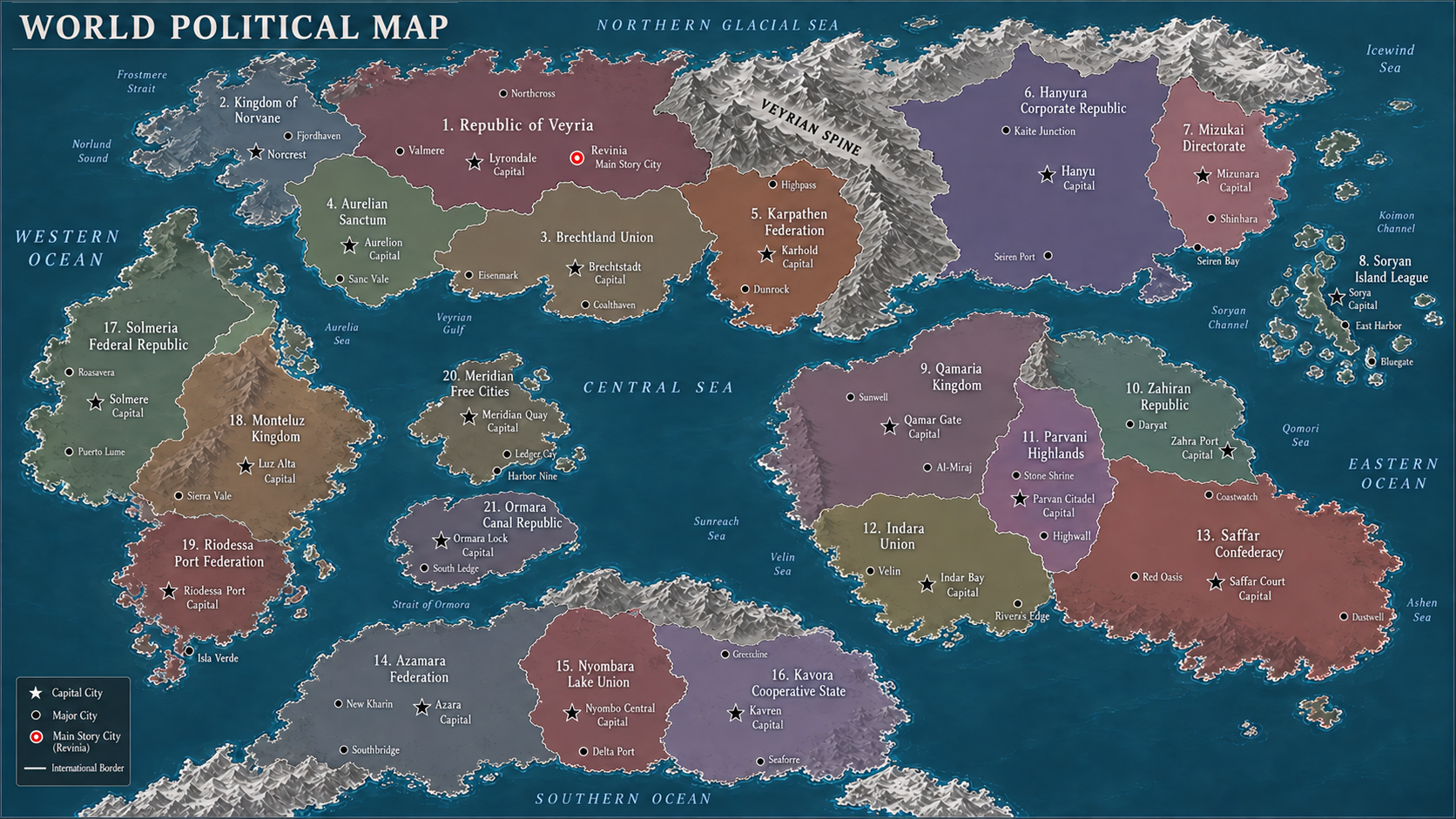 Political world map of Serena Veyne showing 21 fictional countries, capitals and major cities